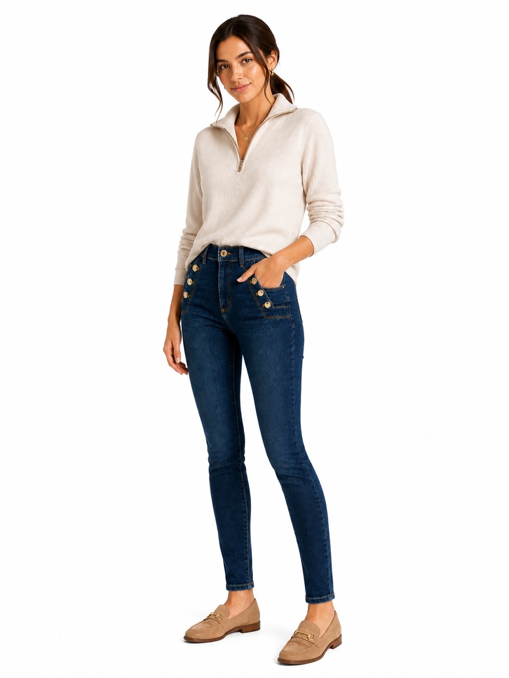 Ann Taylor High-Rise Dark Blue Skinny Jeans with Gold-Tone Buttons